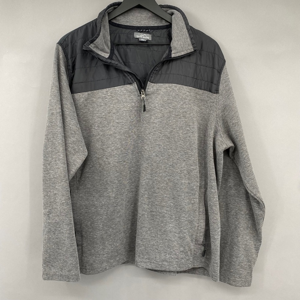Eddie Bauer Mens XL Quarter Zip Pullover Gray Quilted Hybrid Mock‎ Neck Sweater